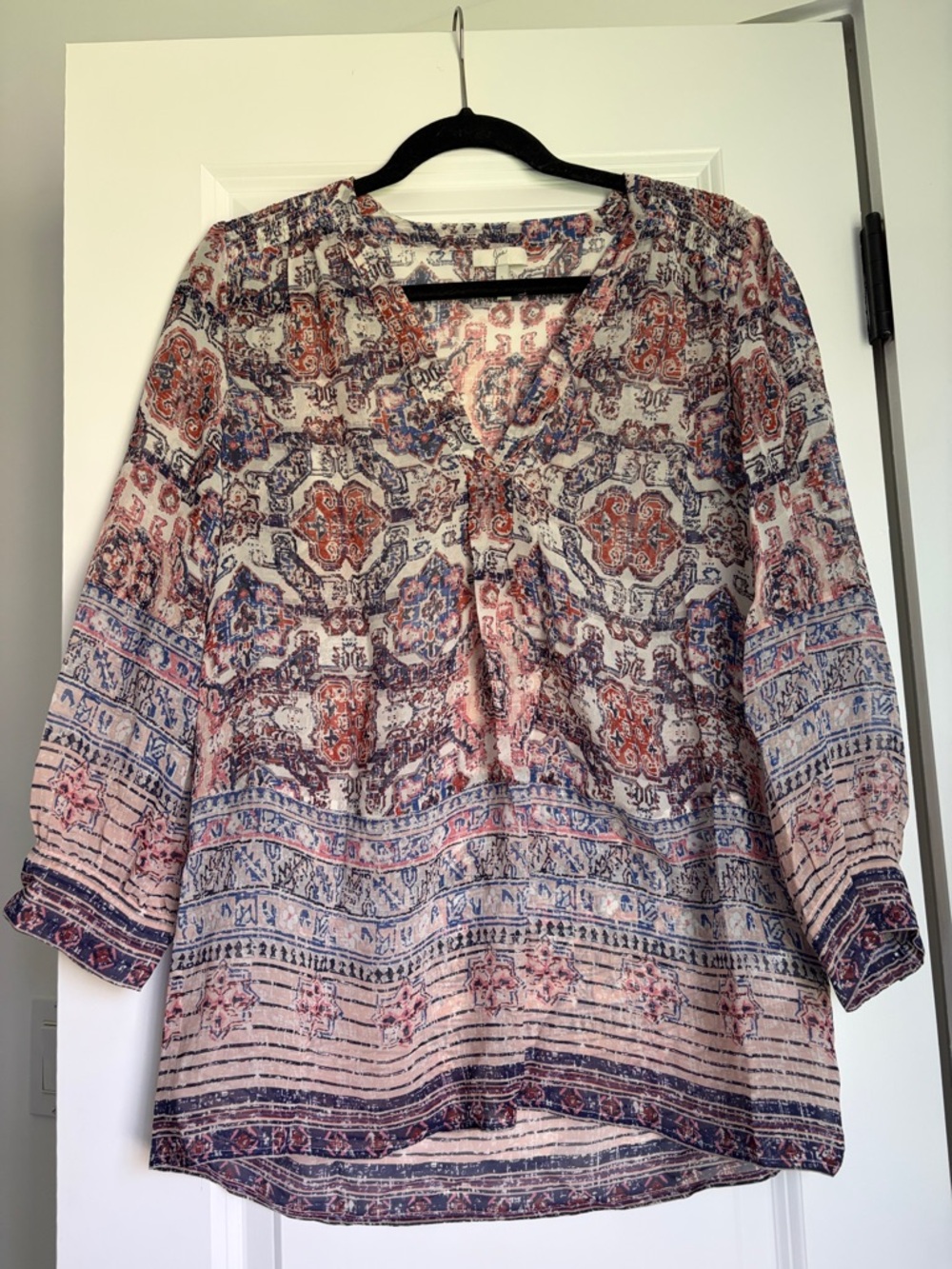 Joie Boho Printed Split-Neck Women's Blouse - Peach & Navy